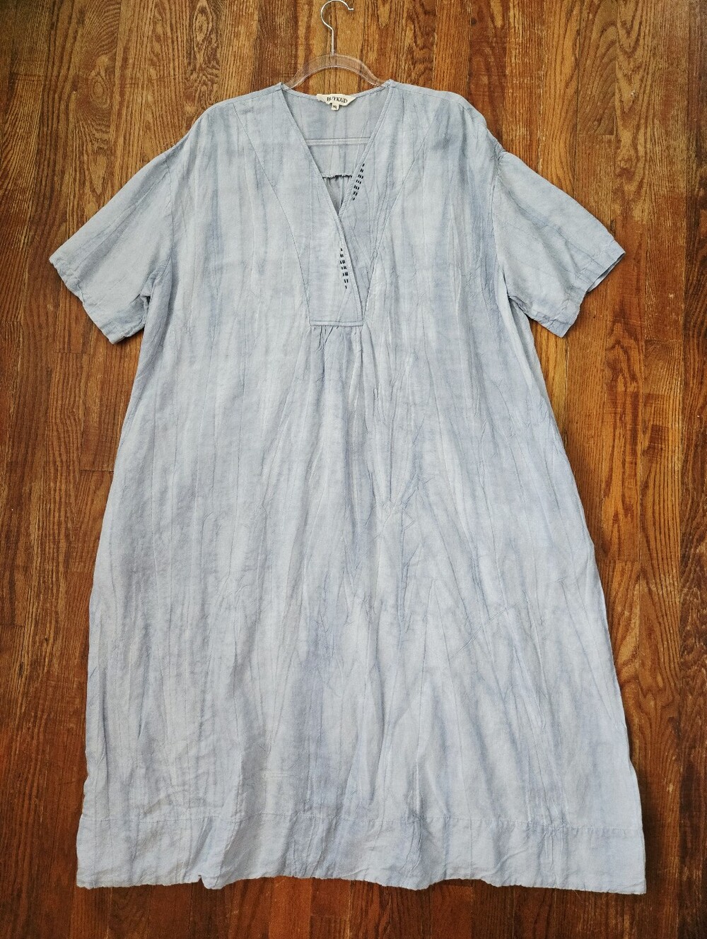 BUYKUD Linen Woven Maxi Dress Size XL Blue Oversized Sashiko Accent Lagenlook